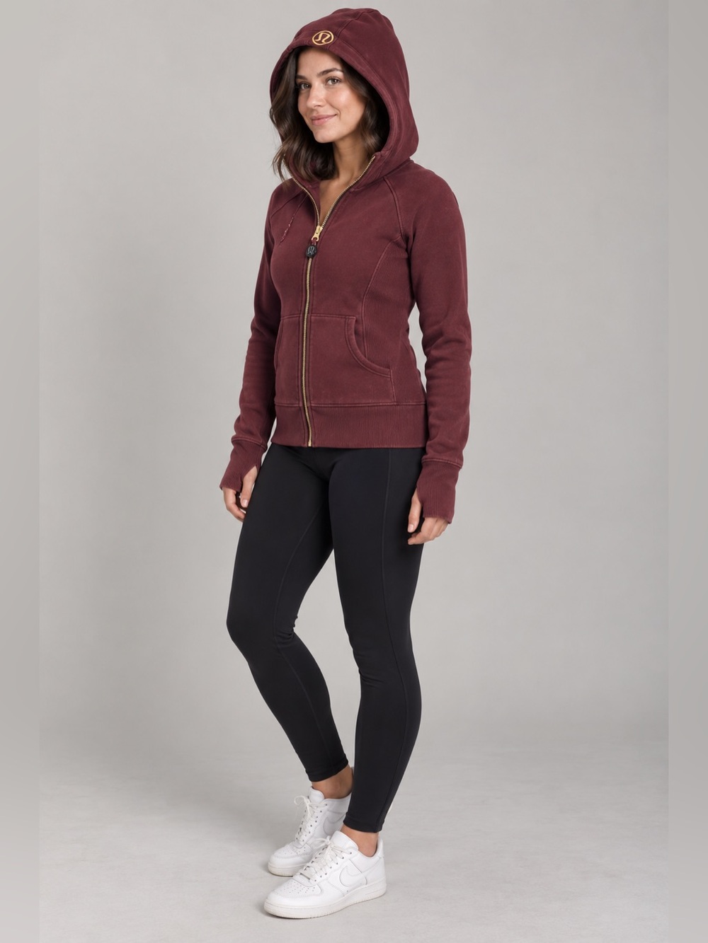 Lululemon Scuba Full Zip Hoodie Size 6 Burgundy Gold Zipper Thumbholes